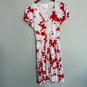 Maeve Anthropologie Red White Floral Ruched V-Neck Fit Flare Dress XS